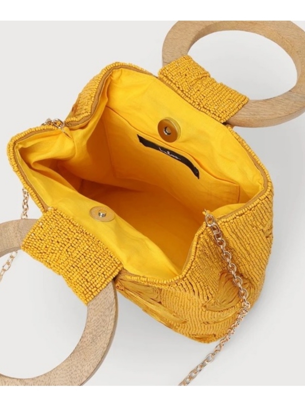 Lulu's Stay Chic Yellow Beaded Wooden Circle Handle Bag - Picture 3 of 14